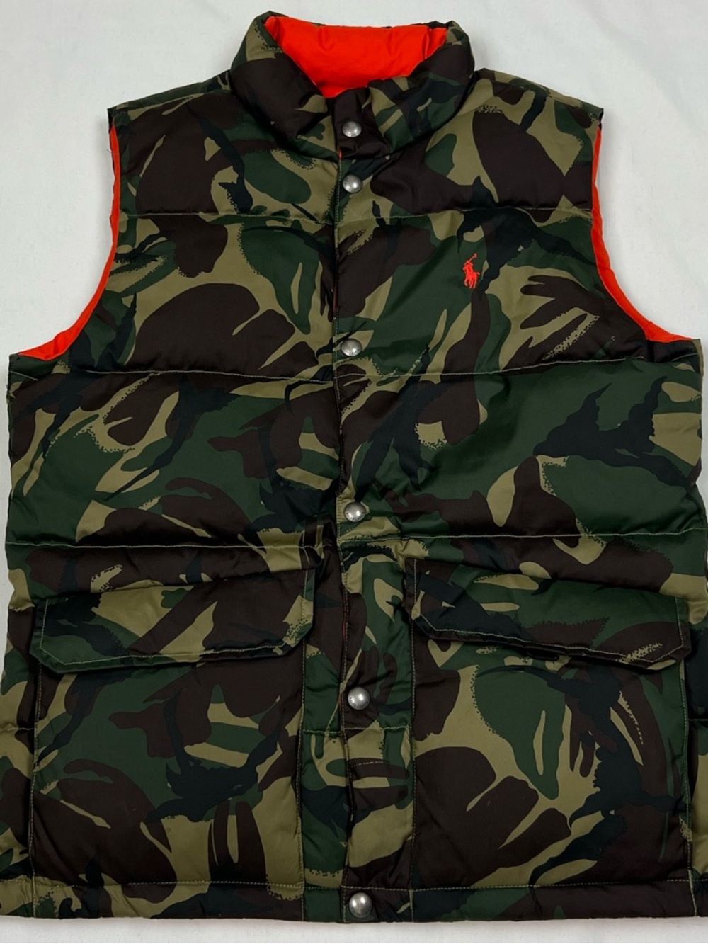 POLO RALPH LAUREN Boys (L 14/16) Reversible Down Puffer Vest Camo/Safety Orange